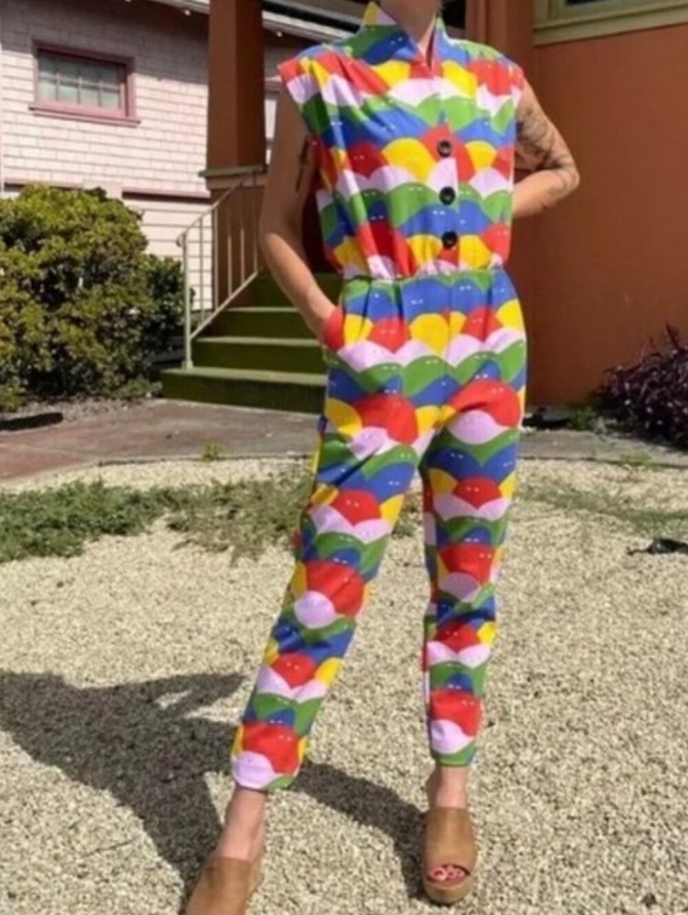 Nooworks Magic Suit Jumpsuit Rainbow Lumps Cotton Jersey Pocket Stretch Waist XL